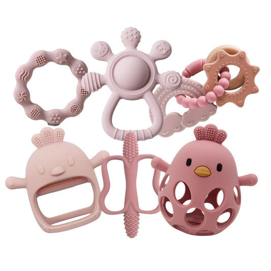 True Bub™ Tiny Teethers Soothing Relief and Sensory Bundle - Food Grade Silicone BPA Free Baby Toys (Dusty Pink)