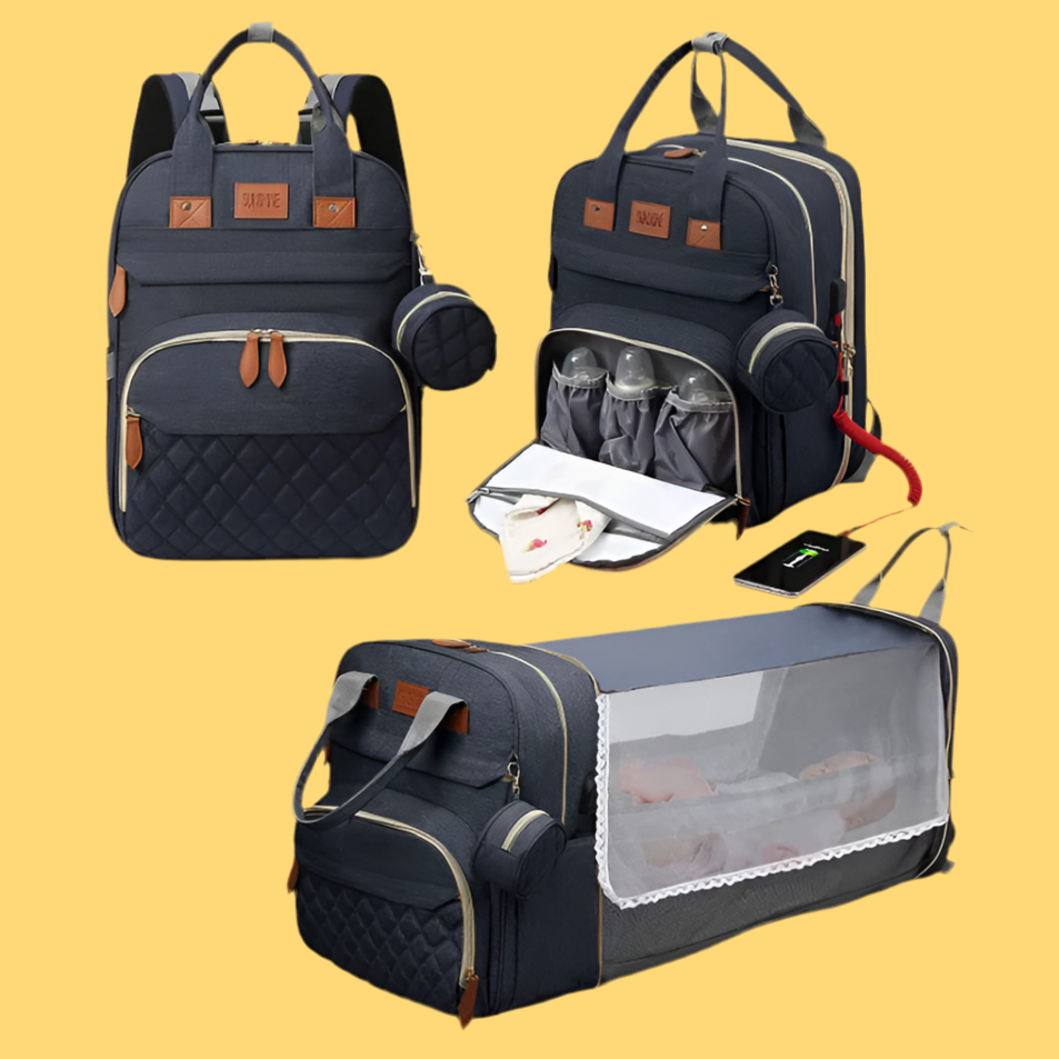 A navy-colored diaper backpack with multiple compartments and a pull-out bed feature.