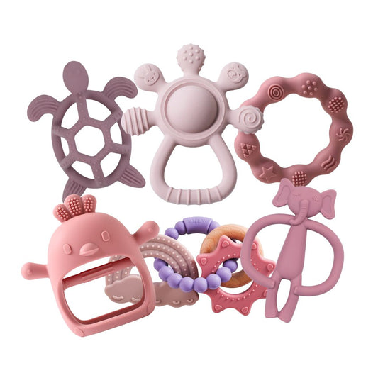 True Bub™ Tiny Teethers Soothing Relief and Sensory Bundle - Food Grade Silicone BPA Free Baby Toys (Pink Purple)