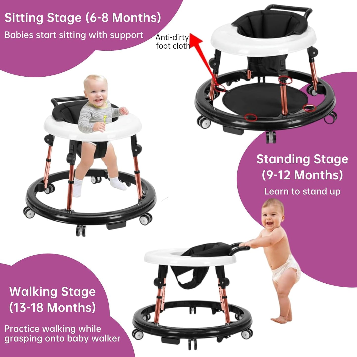 True Bub™ Grow With Me Foldable Anti-Rollover 5 Height Adjustable Baby Walker Aluminum Frame for 6-18 Months Infants