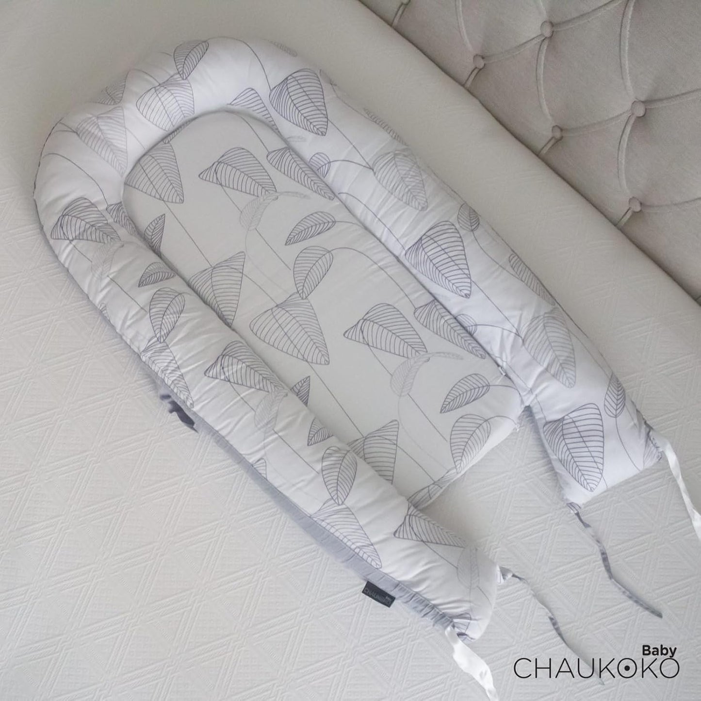 True Bub™ Cradle Koko Lounger - Portable Baby Nest Easy Care Double Sided (Grey Leaves)