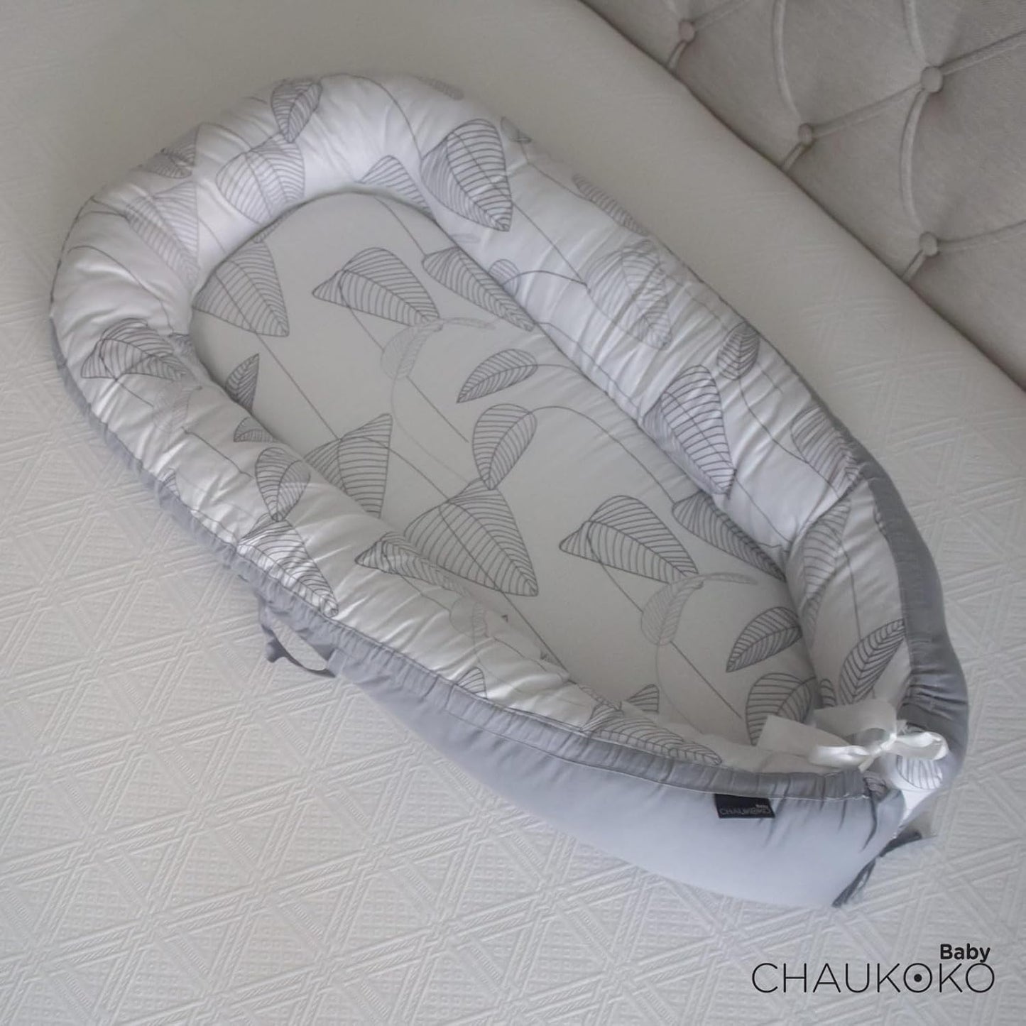 True Bub™ Cradle Koko Lounger - Portable Baby Nest Easy Care Double Sided (Grey Leaves)