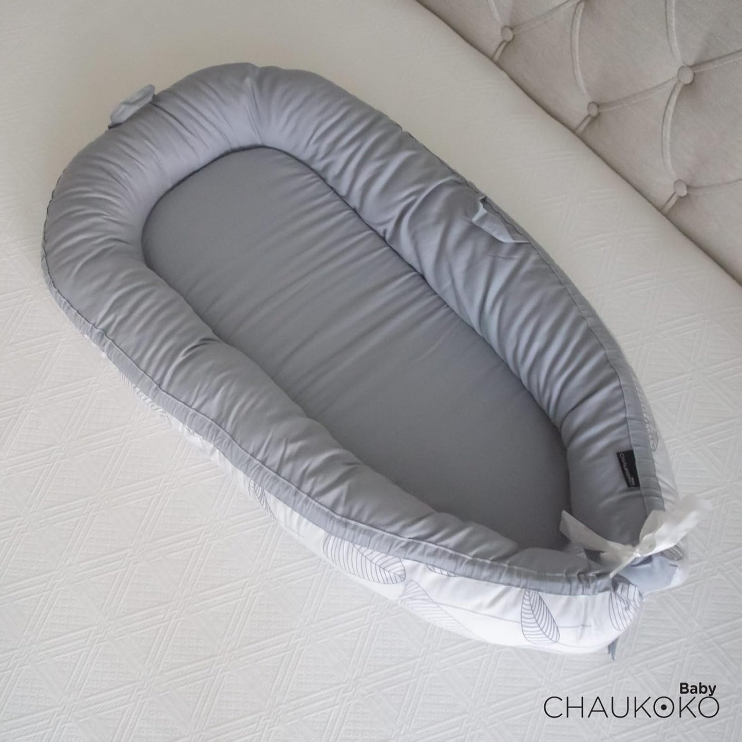 True Bub™ Cradle Koko Lounger - Portable Baby Nest Easy Care Double Sided (Grey Leaves)