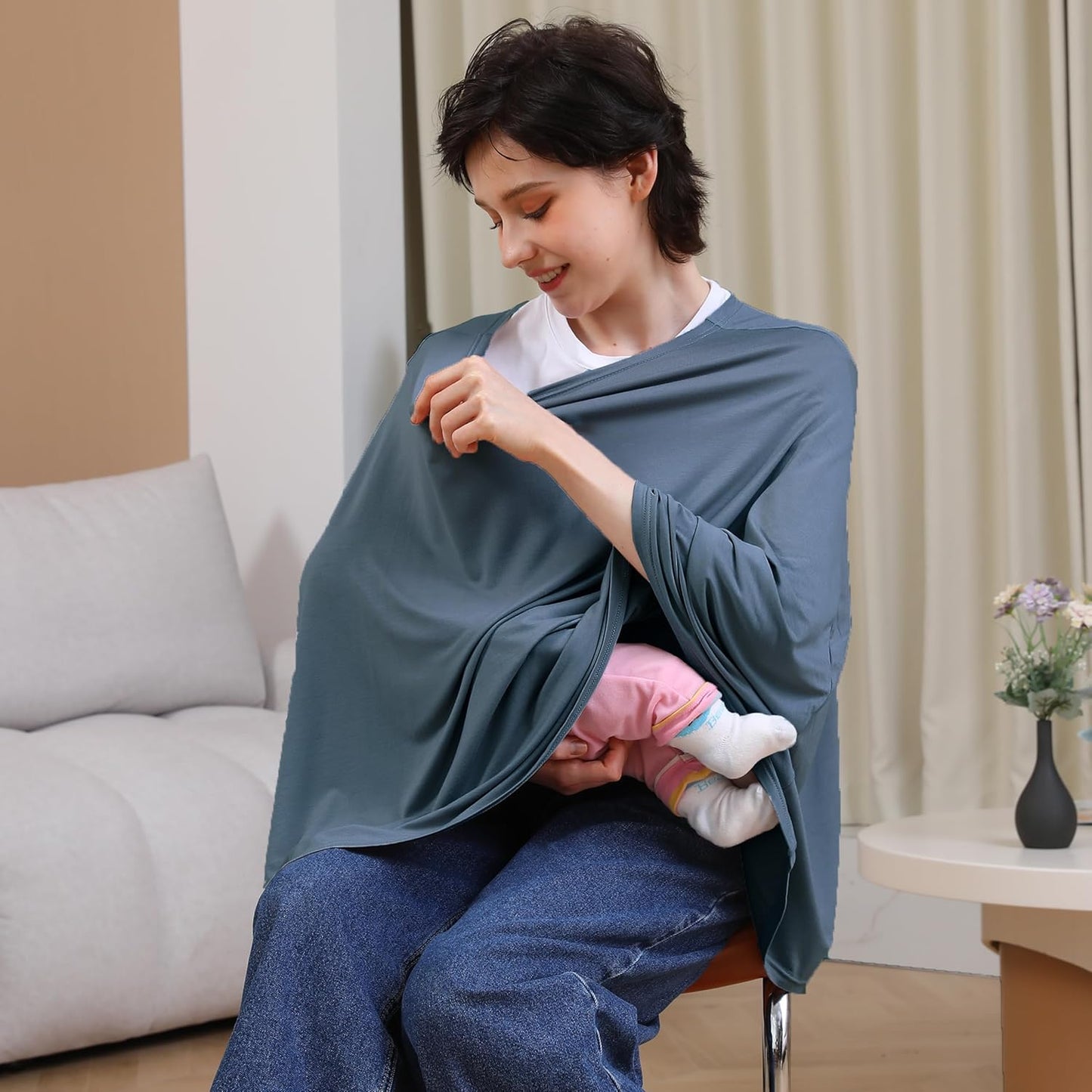 True Bub™ Stretch Seejoy Nursing Cover for Breastfeeding, 360°Full Coverage Nursing Poncho, Rayon Soft & Breathable Breastfeeding Cover up
