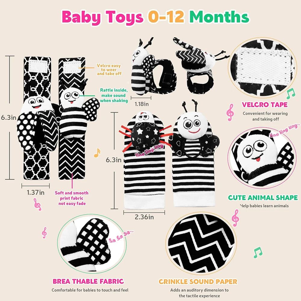 True Bub™ RattleFingers - Foot & Wrist Baby Rattles Toys Contrast Sensory