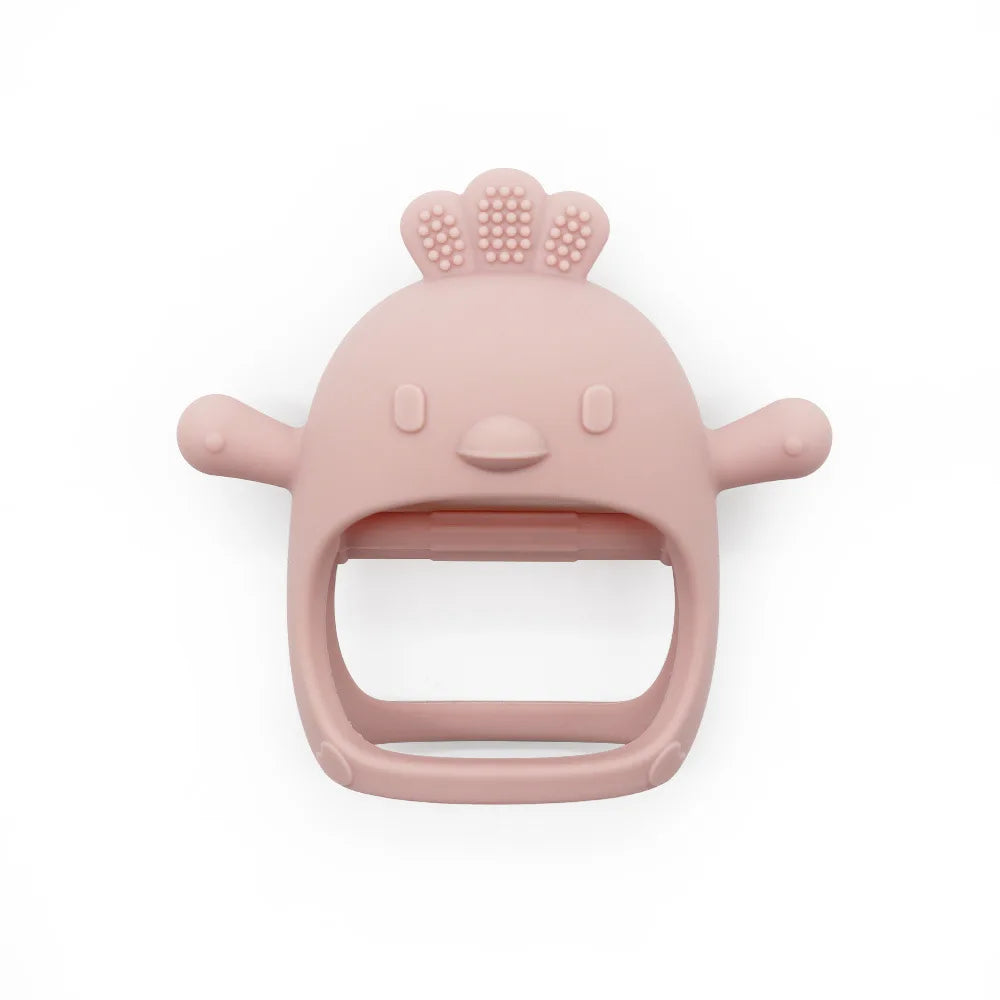 Pink baby teether with a face on a white background