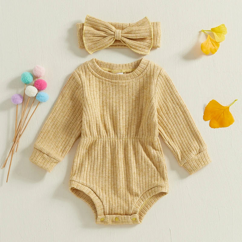 True Bub™ Baby Girls Rompers Knit Long Sleeve Jumpsuits with Headband 0-1Y