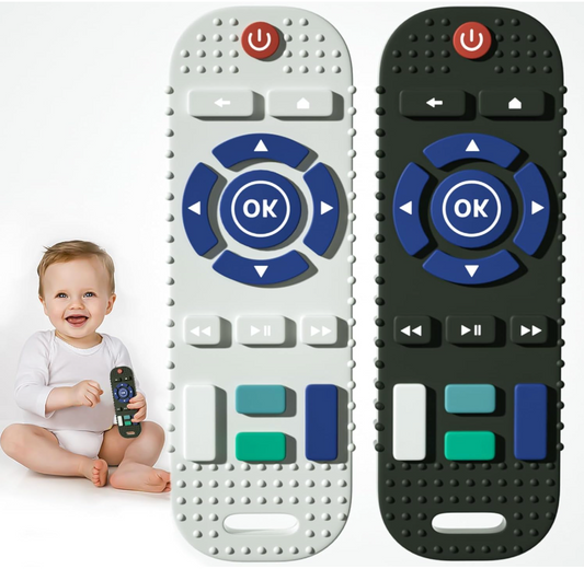 Two remote controls, one white and one black, with a child holding a smaller remote control.