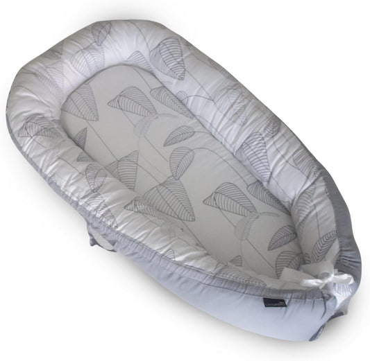 True Bub™ Cradle Koko Lounger - Portable Baby Nest Easy Care Double Sided (Grey Leaves)