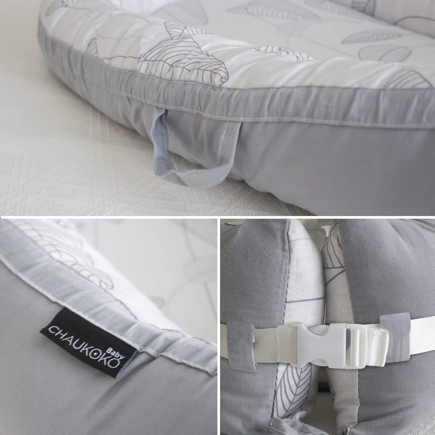 True Bub™ Cradle Koko Lounger - Portable Baby Nest Easy Care Double Sided (Grey Leaves)