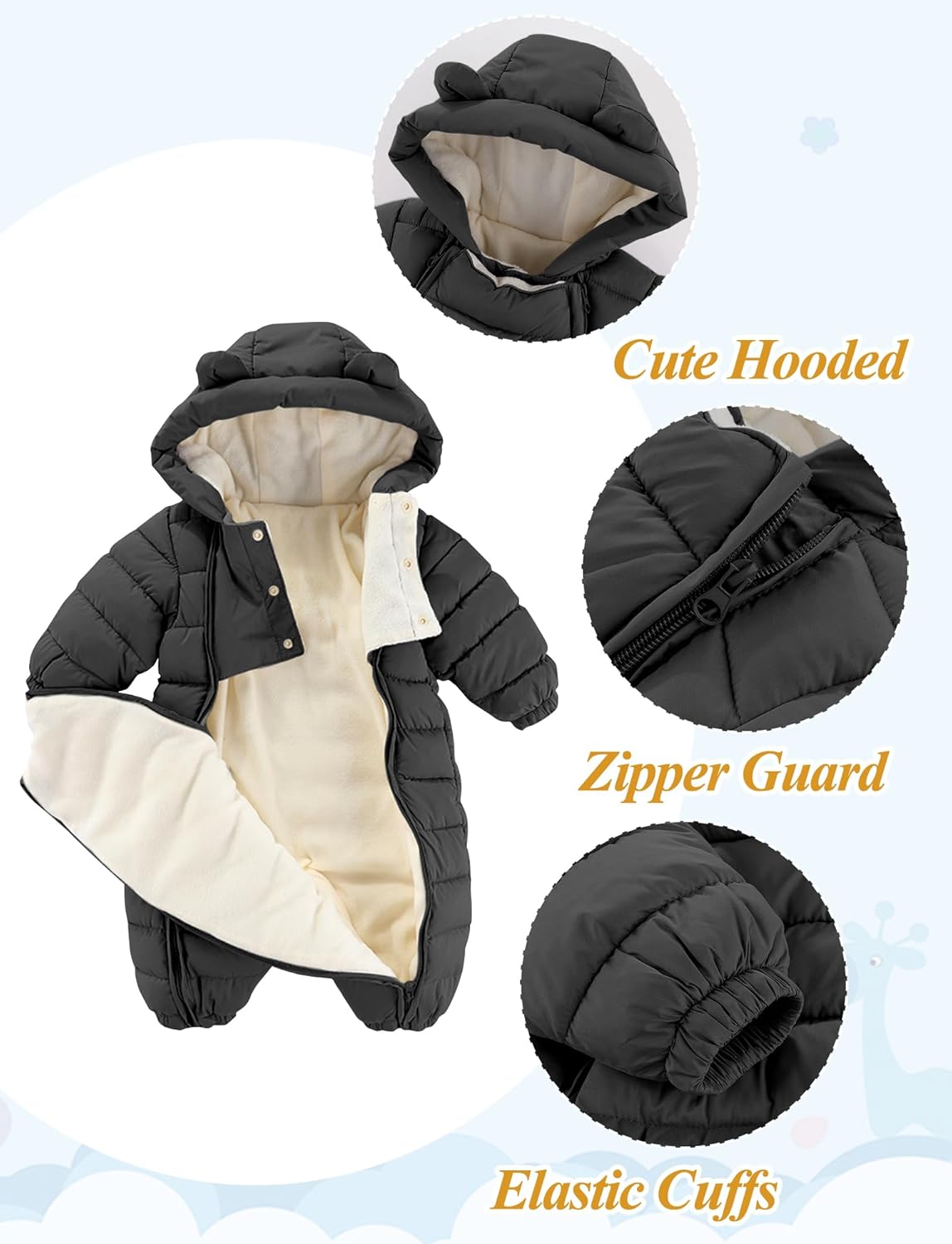 True Bub™ Baby Insulated Winter Snowsuit Double Zips Hooded Romper Fleece Warm Jumpsuit