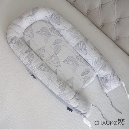 True Bub™ Cradle Koko Lounger - Portable Baby Nest Easy Care Double Sided (Grey Leaves)