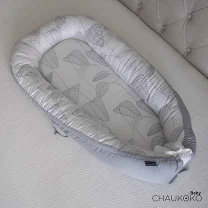 True Bub™ Cradle Koko Lounger - Portable Baby Nest Easy Care Double Sided (Grey Leaves)
