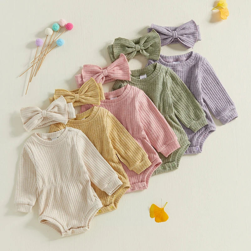 True Bub™ Baby Girls Rompers Knit Long Sleeve Jumpsuits with Headband 0-1Y