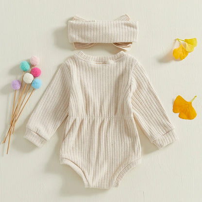 True Bub™ Baby Girls Rompers Knit Long Sleeve Jumpsuits with Headband 0-1Y