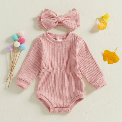 True Bub™ Baby Girls Rompers Knit Long Sleeve Jumpsuits with Headband 0-1Y
