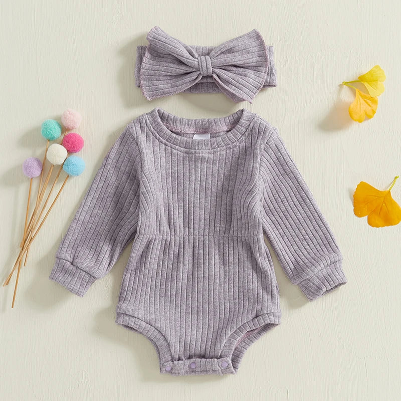 True Bub™ Baby Girls Rompers Knit Long Sleeve Jumpsuits with Headband 0-1Y