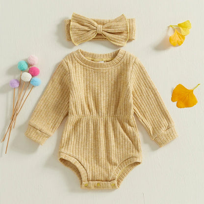 True Bub™ Baby Girls Rompers Knit Long Sleeve Jumpsuits with Headband 0-1Y