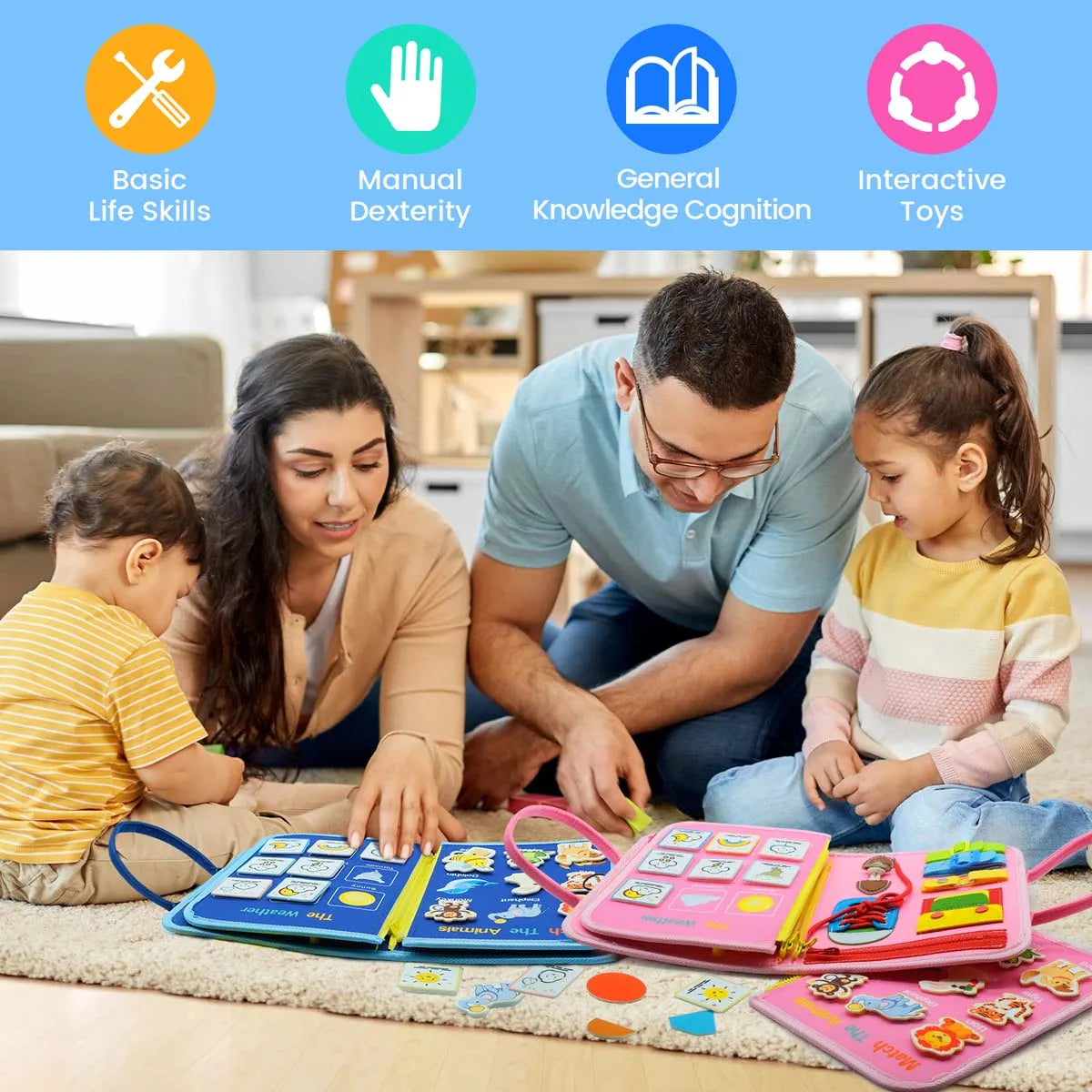 Family with children playing with educational toys on a carpeted floor.