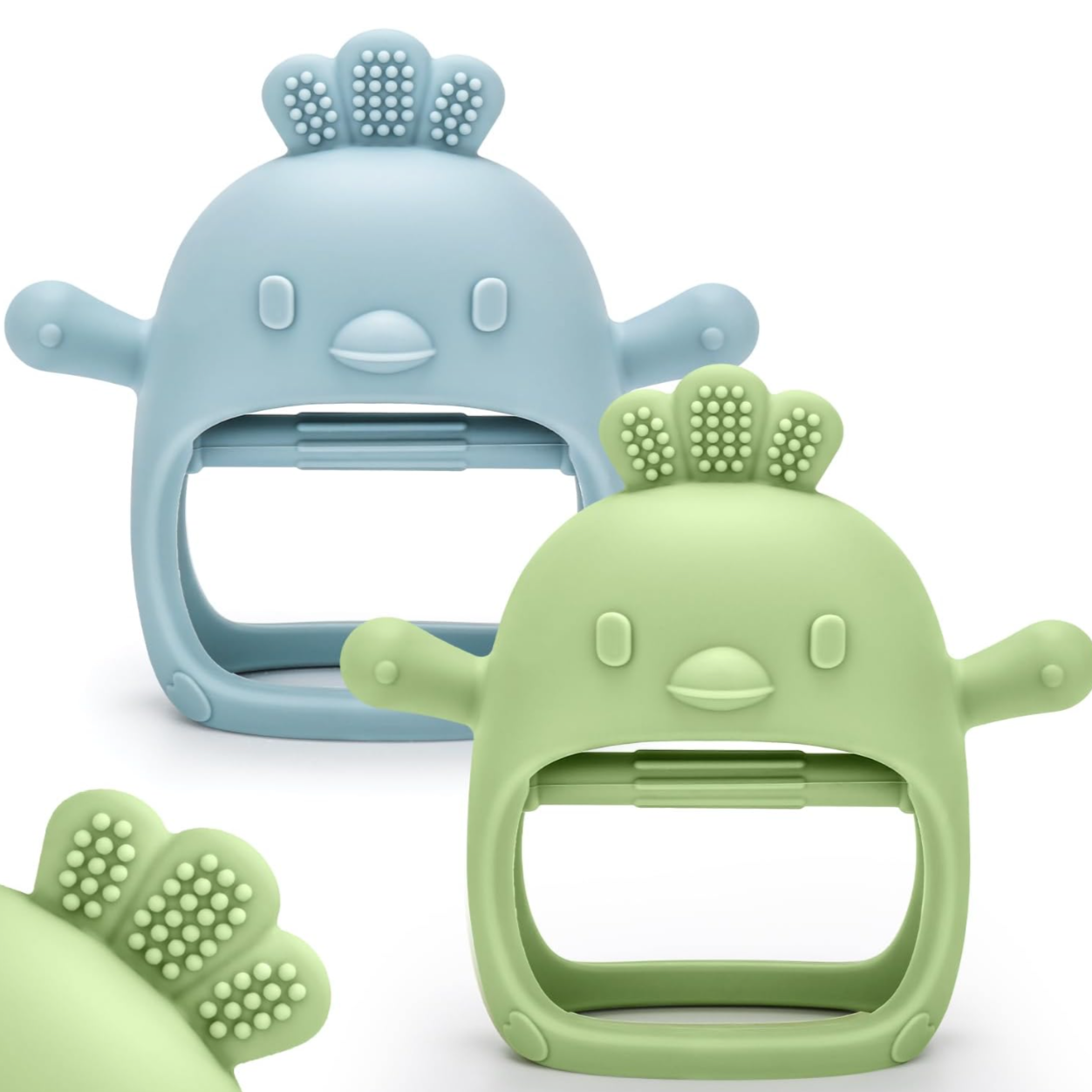 Two silicone baby teether toys, one blue and one green, on a white background.