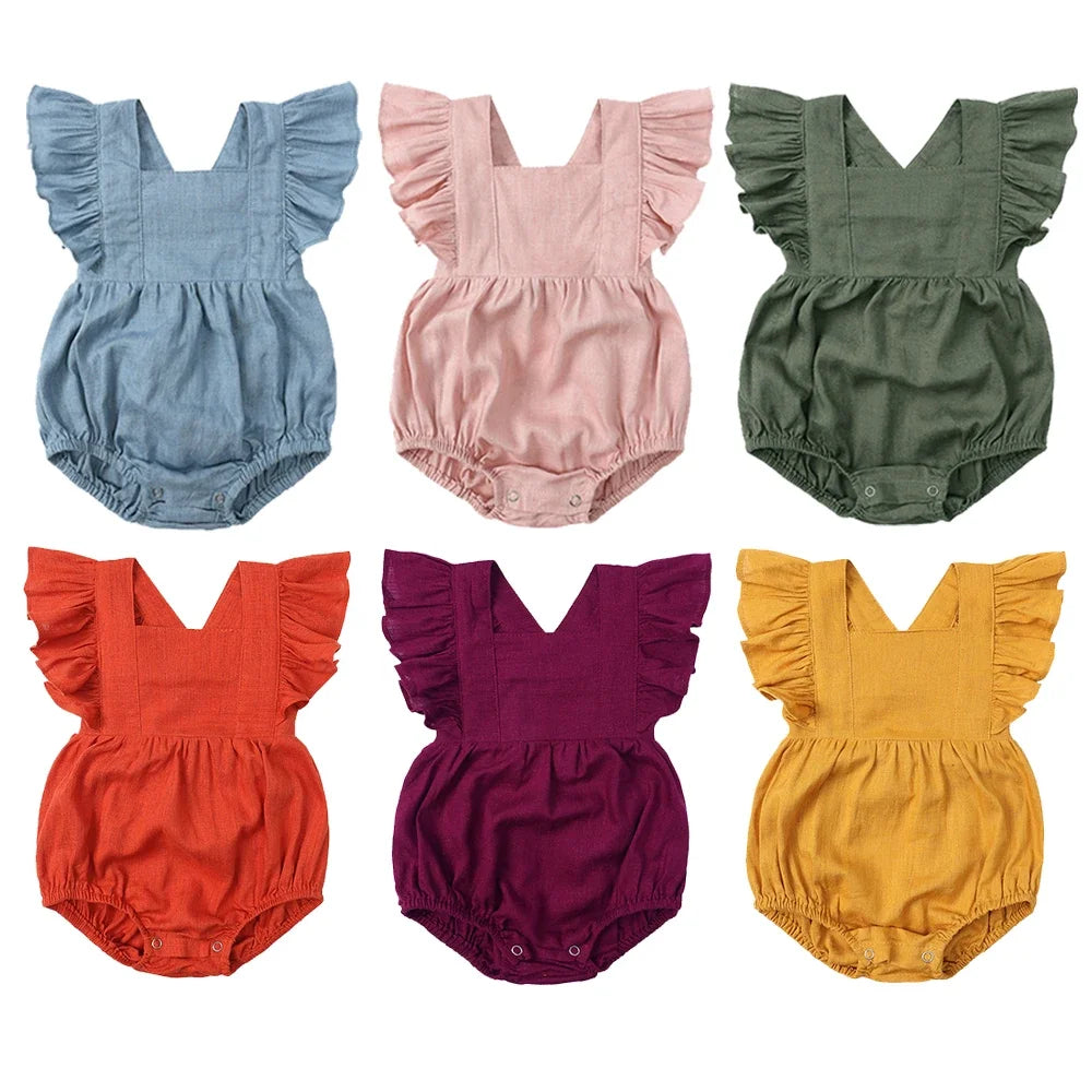 True Bub™  Jumpsuits - Baby Girls Outfits Romper Sleeveless Linen Ruffles 0-24M